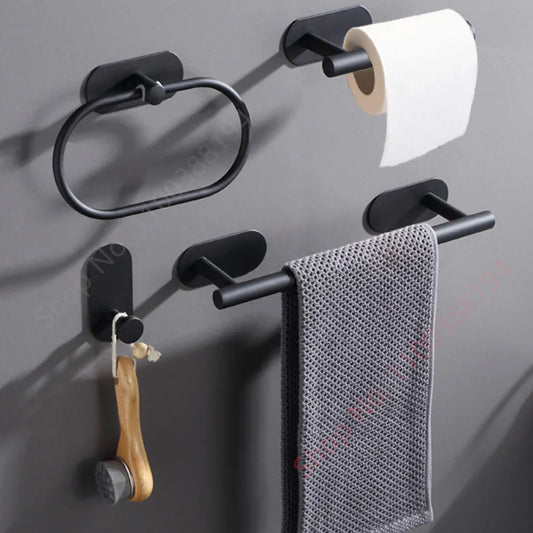 Suporte de Papel Higiénico Adesivo para Parede – Preto e Prata, Acessório para Cozinha e Casa de Banho