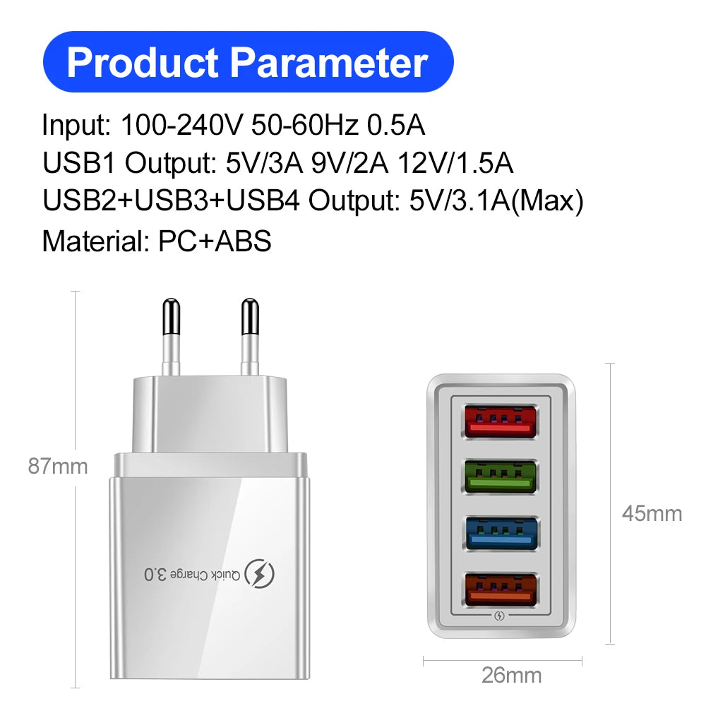 Carregador USB Rápido 3.0 para iPhone 14 e Smartphones Samsung, Xiaomi e Tablets - Adaptador EU/US para Carregamento Rápido