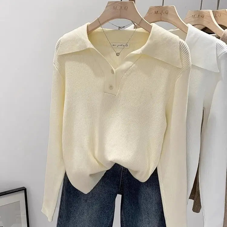 Camisola Feminina de Primavera/Outono –  Jumper com Gola Solta e Botões, Malhas de Manga Longa para Senhoras