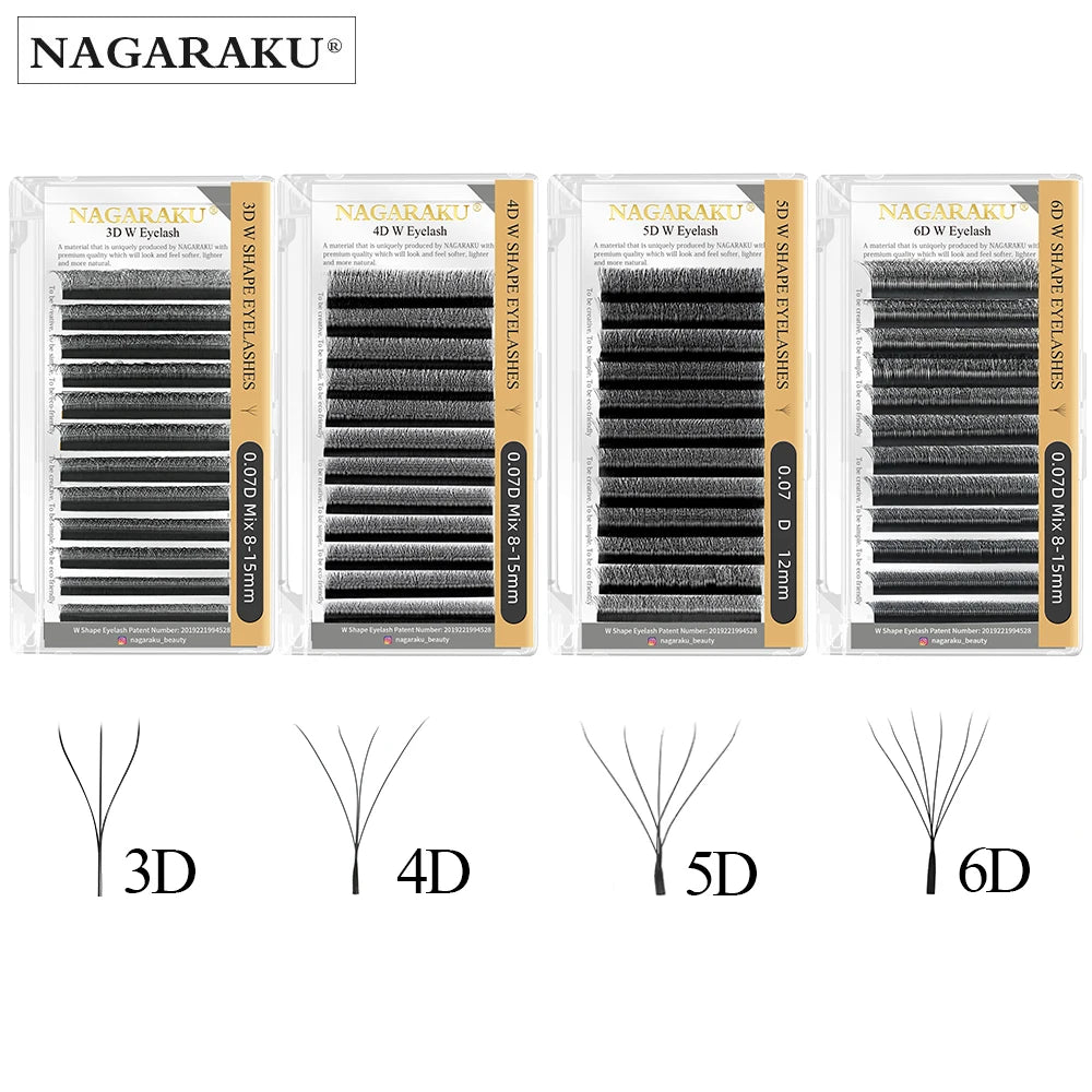 Extensões de Pestanas NAGARAKU - Ventiladores Premade Automáticos em Forma de Flor W, 3D, 4D, 5D e 6D, Naturais, Macias, Leves e Cheias