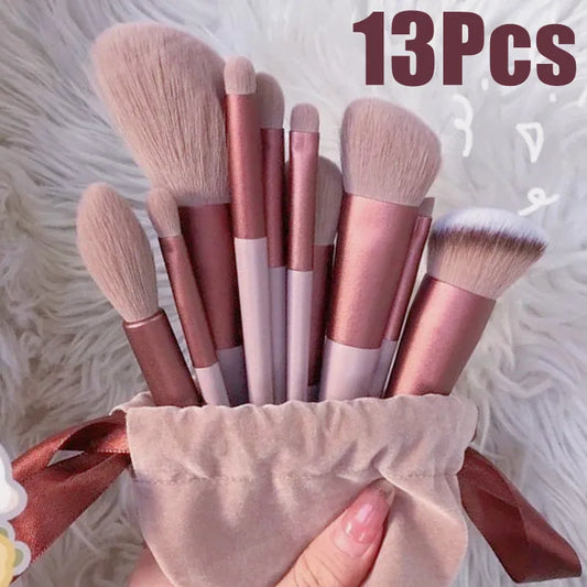 Conjunto de 13 Pincéis de Maquilhagem - Pincéis para Sombra, Base, Blush e Cosméticos, Ferramentas de Beleza Macias com Bolsa