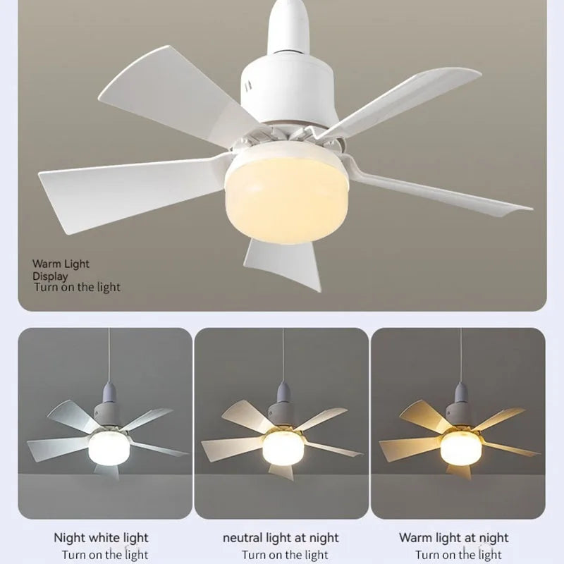 Ventoinha de Teto LED com Luz e Soquete E27 - Controlo Remoto e Regulação de Intensidade, 30W, Ventoinha Moderna e Inteligente para Quarto, Garagem e Cozinha