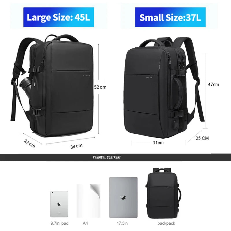 Mochila de Viagem BANGE para Homens - Mochila de Negócios e Escola, Expansível com USB, Grande Capacidade para Laptop até 17,3", Impermeável e Elegante