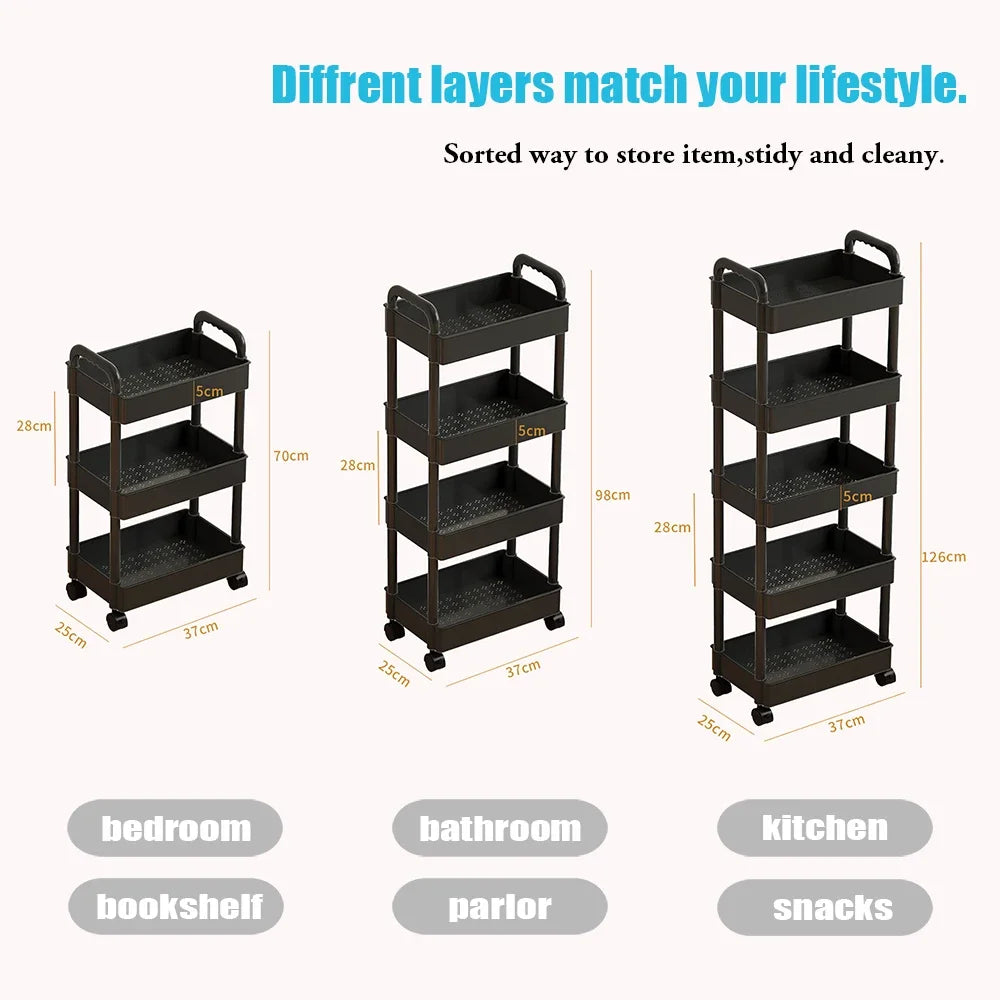 Carrinho Utilitário em Camadas (3/4/5): Estante com Ganchos e Rodas para Cozinha, Escritório e Casa