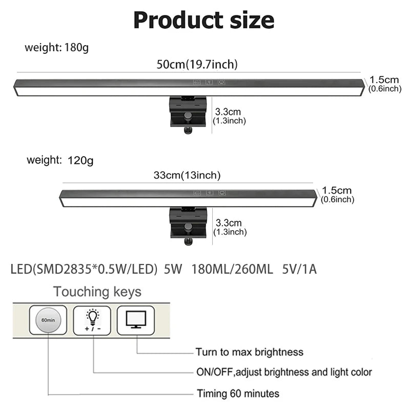 Lâmpada de Mesa LED com Proteção Ocular - Barra de Luz para Monitor de Computador, Ajuste de Intensidade Sem Escalões, Alimentação USB