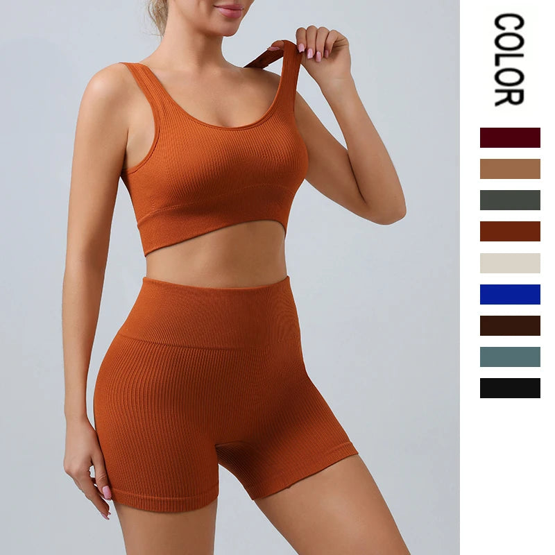 Conjunto Desportivo Sem Costura para Mulher - Top Cropped, Sutiã, Leggings e Calções de Yoga