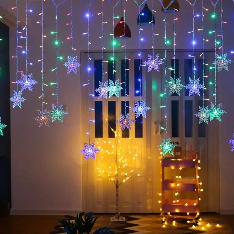 Cortina de Luzes LED com Flocos de Neve - 3,2m, Luzes de Natal Piscantes à Prova de Água para Decoração de Festa, Casamento e Feriados