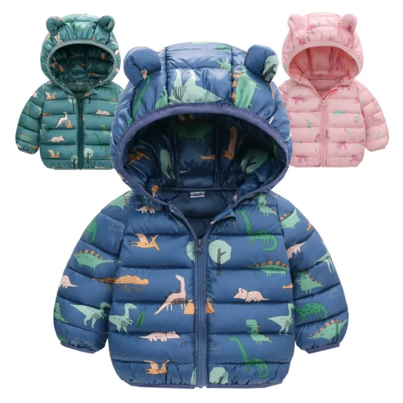 Jaquetas Leves para Crianças: Casacos de Inverno com Capuz e Estampa de Dinossauro, Ideal para Meninos e Meninas