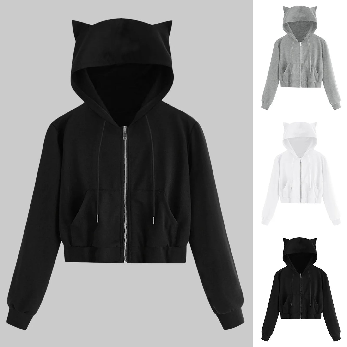 Hoodie com Orelhas de Gato Zip Up – Moletom Recortado para Meninas Adolescentes, Kawaii, com Bolso e Cordão, Estilo Harajuku