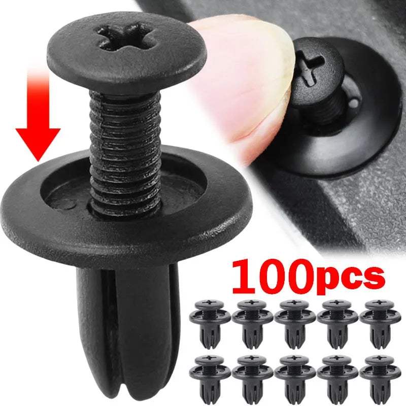 5/100 Peças de Rebites Plásticos 8mm para Carro – Fixadores para Parachoque e Aro em Preto, Compatíveis com Toyota, Focus, Kia, Nissan e Yamaha