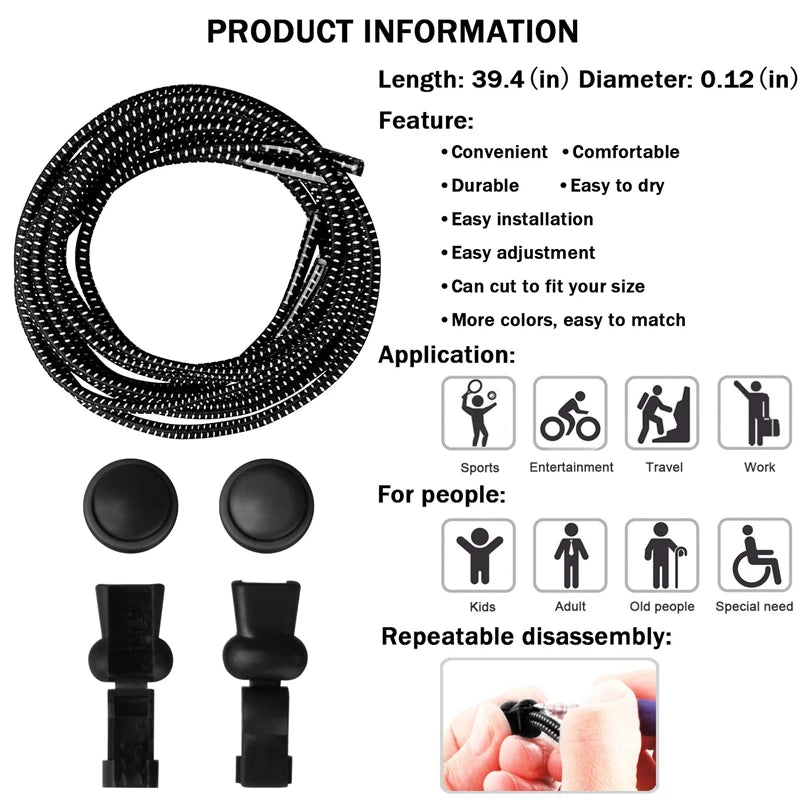 Cadarços Elásticos de 1 Par para Ténis - Sem Nó com Fecho de Segurança - Cadarços Rápidos e Confortáveis