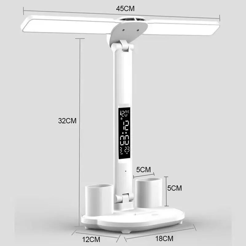 Lâmpada de Mesa LED com Relógio: Regulável, Recarregável via USB, 2 Cabeças e Proteção Ocular