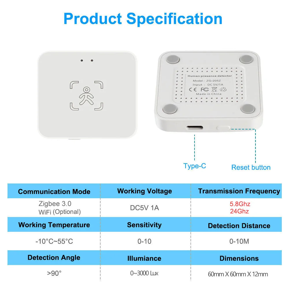 Sensor Inteligente de Presença Humana Wi-Fi/Zigbee - Detecção de Luminosidade e Distância, Compatível com Tuya Smart Life, Alexa e Google Home