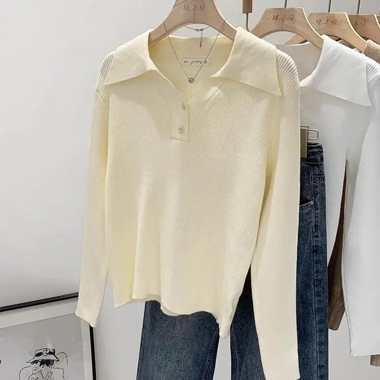 Camisola Feminina de Primavera/Outono –  Jumper com Gola Solta e Botões, Malhas de Manga Longa para Senhoras