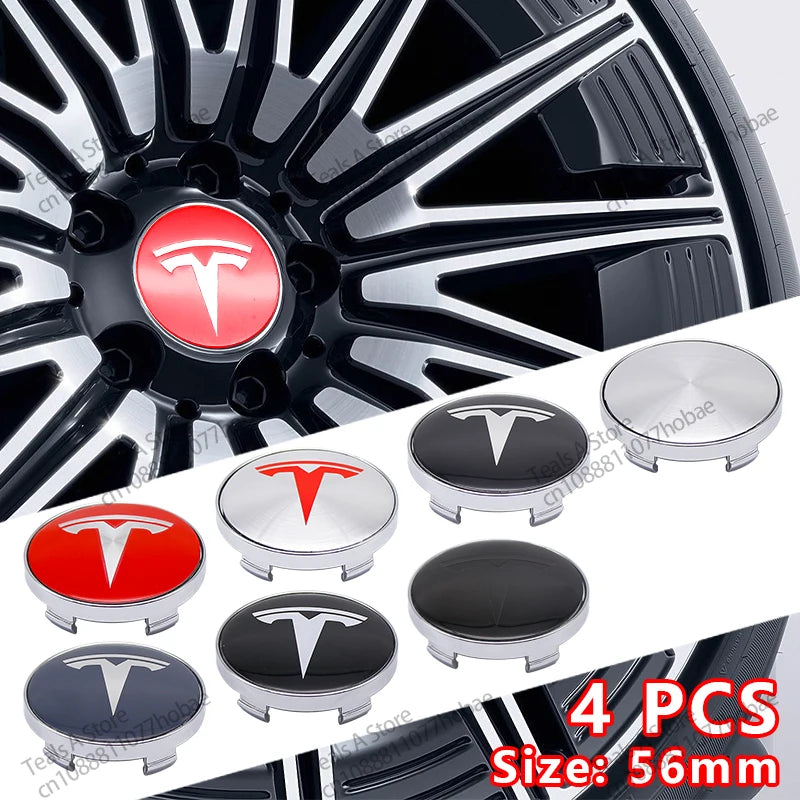 4 Peças de Capas de Centro 56mm para Tesla – Adesivos Personalizados com Logo para Model 3, Y, S e X – Acessórios de Carro de Alta Qualidade