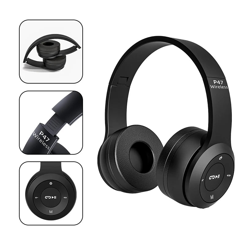 Headset Estéreo P47 - Auriculares Bluetooth 5.0 Dobráveis, Sem Fios, para Desporto e Jogos