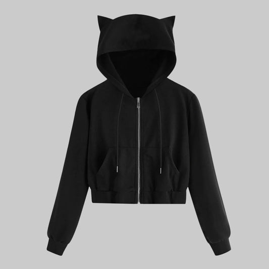 Hoodie com Orelhas de Gato Zip Up – Moletom Recortado para Meninas Adolescentes, Kawaii, com Bolso e Cordão, Estilo Harajuku