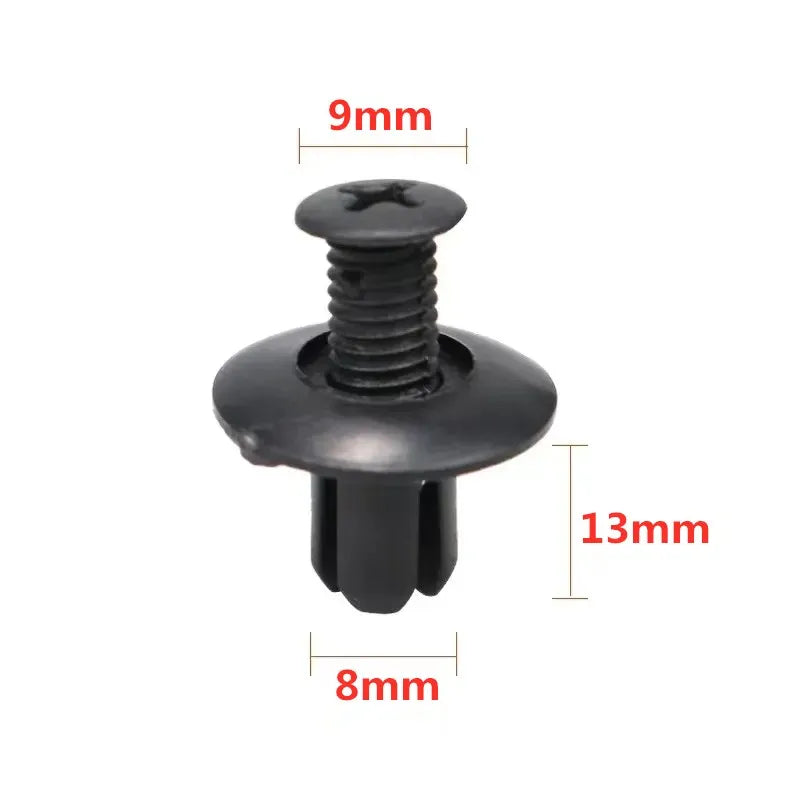 5/100 Peças de Rebites Plásticos 8mm para Carro – Fixadores para Parachoque e Aro em Preto, Compatíveis com Toyota, Focus, Kia, Nissan e Yamaha