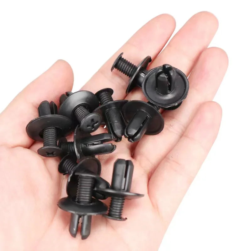 5/100 Peças de Rebites Plásticos 8mm para Carro – Fixadores para Parachoque e Aro em Preto, Compatíveis com Toyota, Focus, Kia, Nissan e Yamaha