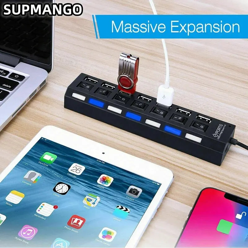 Hub USB 2.0 com 7 Portas – Adaptador Multi-USB de Alta Velocidade para Computador e Laptop