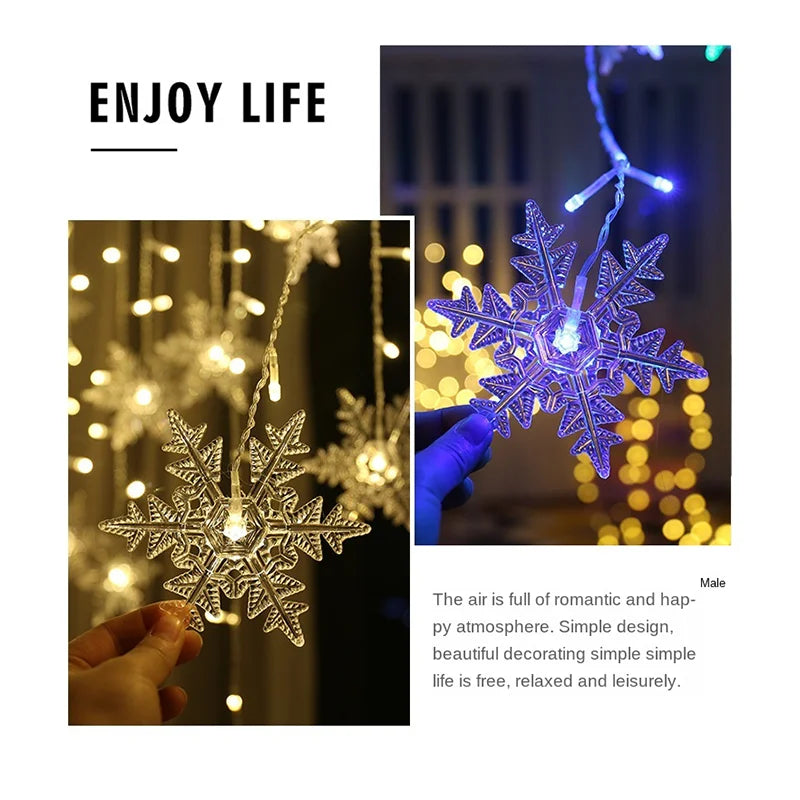 Cortina de Luzes LED com Flocos de Neve - 3,2m, Luzes de Natal Piscantes à Prova de Água para Decoração de Festa, Casamento e Feriados