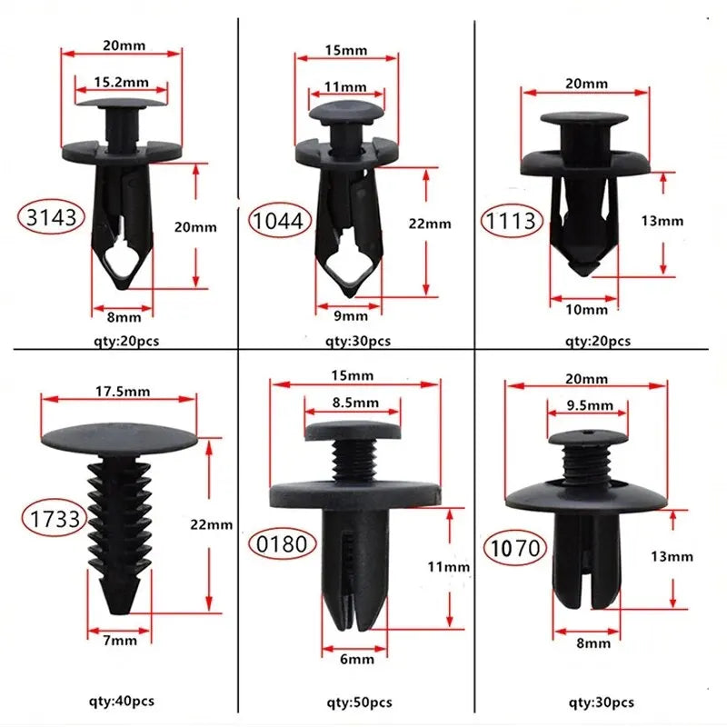 Kit de 190 Peças - Fechos Universais para Carro, 6 Modelos e Tamanhos - Fixação, Rebites e Clipes de Plástico ABS