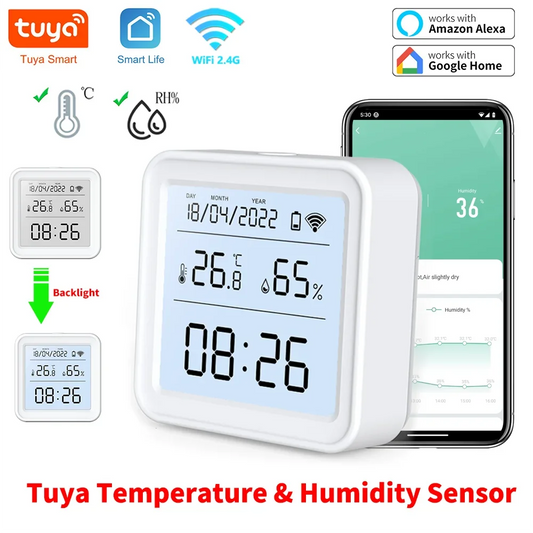 Sensor Inteligente de Temperatura e Humidade Wi-Fi Tuya com Retroiluminação - Higrómetro e Termómetro Compatível com Alexa e Google Home