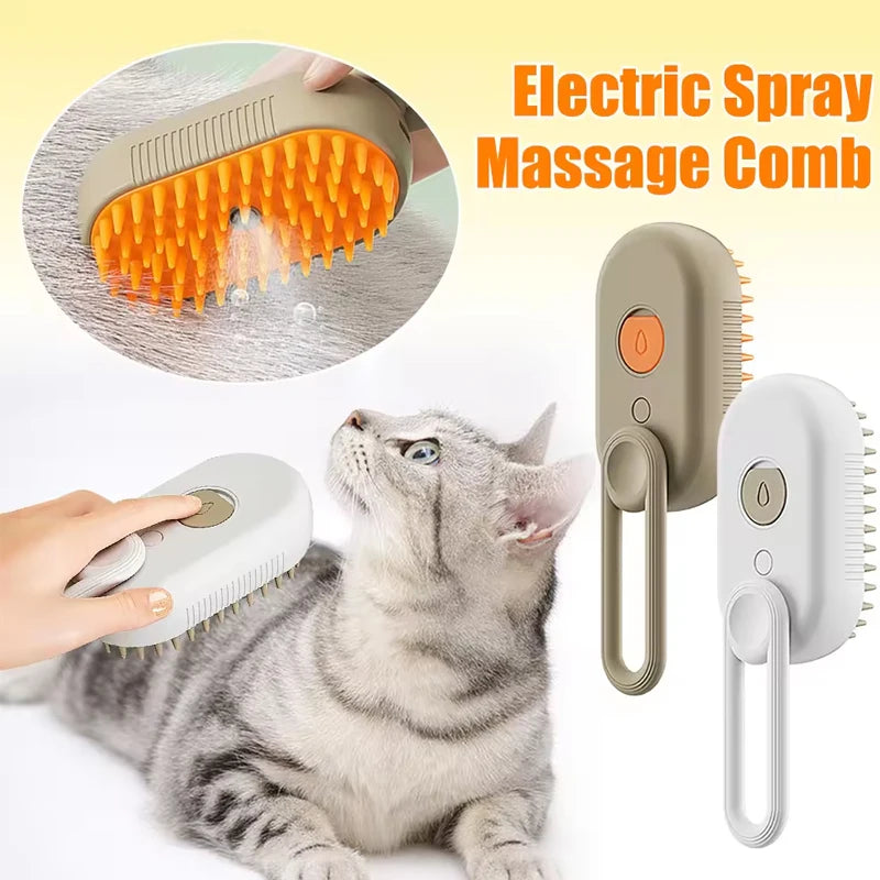 Escova Elétrica 3 em 1 para Cães e Gatos: Escova de Limpeza com Spray a Vapor e Massageadora