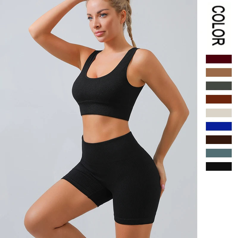 Conjunto Desportivo Sem Costura para Mulher - Top Cropped, Sutiã, Leggings e Calções de Yoga